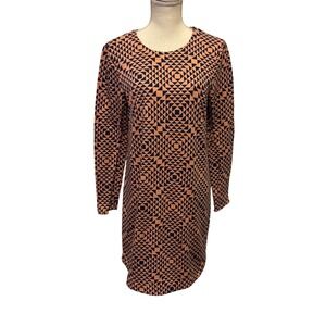 GRIFFIN PARIS Geometric Print‎ Long Sleeve Casual Dress Women Medium Coral Navy